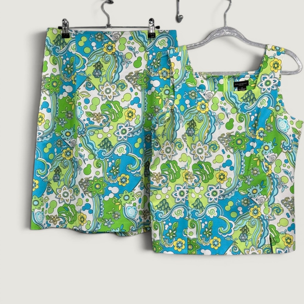 Courtenay Stretch Skirt Set Womens 14 Blue Green Psychedelic Floral 2 Piece Mod